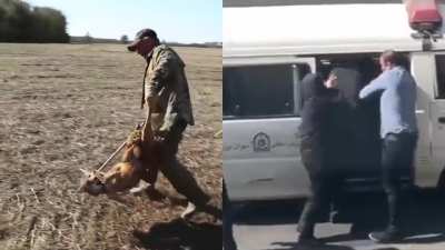 The Islamic Republic's morality police using a catch pole (a tool for restraining wild animals) to arrest a woman with a so-called 