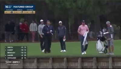 Berger, Hovland and Dahmen get into it on 16 after Berger wanted to drop much closer to the green after hutting into the water.