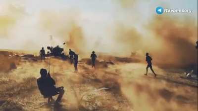 A Russian soldier took a stolen office chair into the field to overlook an artillery assault on an apparent Ukrainian postion.