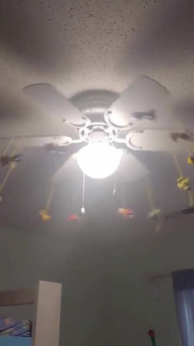 My daughters tied their PawPatrols to the fan, but not well.