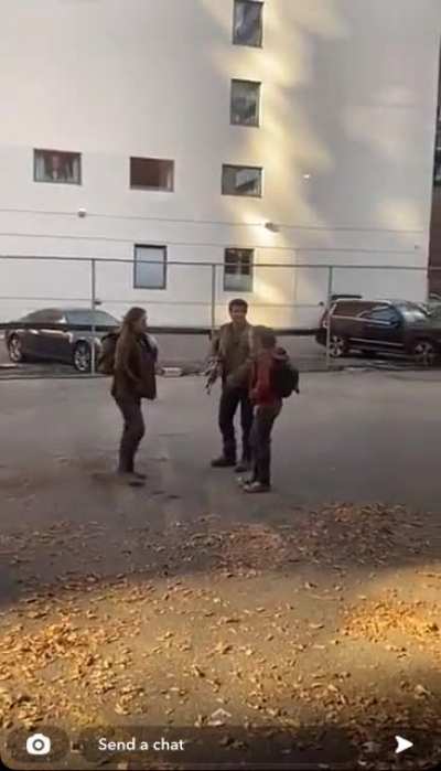 A friends view on set of the Last of us show. Clear view of Joel and Ellie