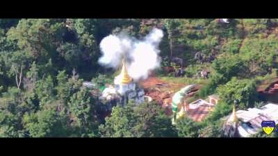 Anti-Junta Forces drone bombing a Myanmar Army outpost in Moebye, Southern Shan State. Note: the flag is the Danu people's flag.