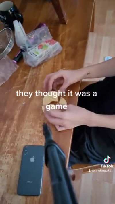 Too much for Tik Tok... we thought it was funny, it an unloaded pellet gun BTW.