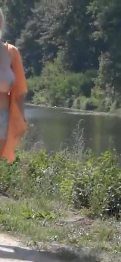 Busy topless stroll