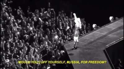 Lady Gaga at her show in Moscow, Russia protesting against anti-LGBT laws. She is banned from violating the terms of her visa by spreading “gay propaganda”.