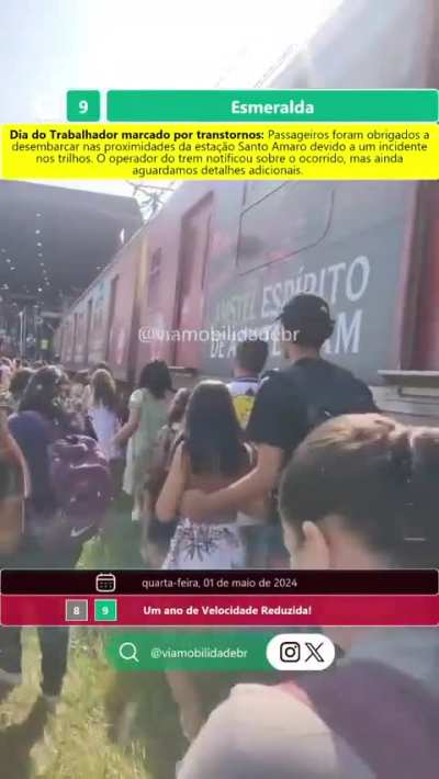 Linha 9 privatizada: 1º de Maio, e o trabalhador tendo de andar a pé no trilho. 5 reais a tarifa. Os donos da linha são bilionários.