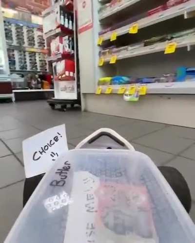 A skateboard goes shopping