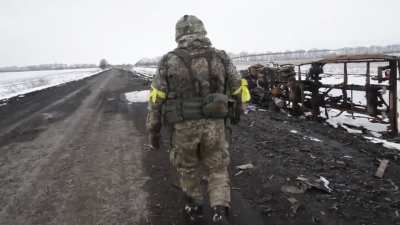Destroyed Russian column in Sumy region, Ukraine. Location: crossroad between Lantrativka (11 km) and Lebedyn (25 km). Ukrainian army used Stugna P anti-tank missiles here.