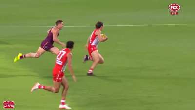 Errol Gulden left the field following this tackle from Lincoln McCarthy.