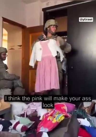 Israeli occupation soldiers filmed themselves inside a home belonging to a killed or displaced family, rifling through wardrobe of Palestinian children.