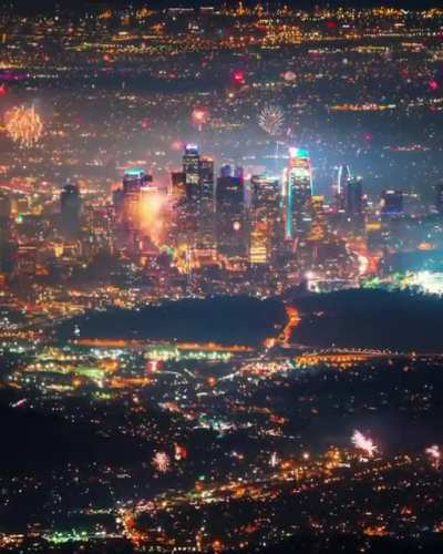 Time lapse flyover of LA on New Year's Eve.