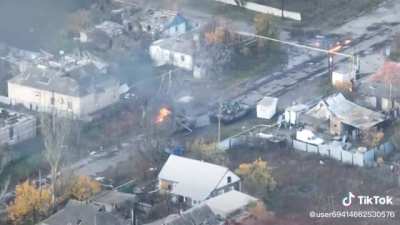 A Russian T80BVM is struck by Ukrainian forces in Pavlivka, Donetsk oblast, and the crew bails.