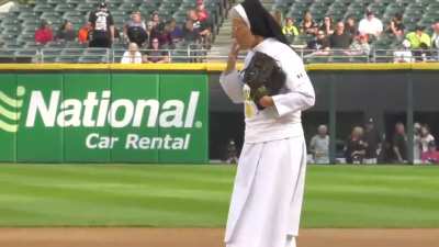 Sister Mary Jo throws perfect first pitch