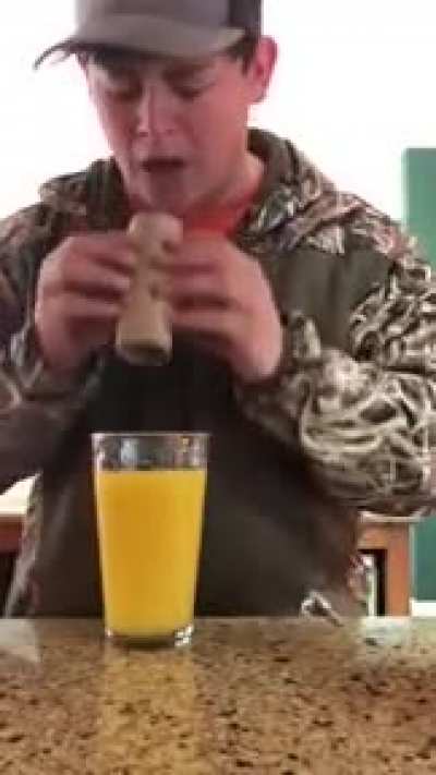 DBS drinking juice with a toilet paper cardboard tube!