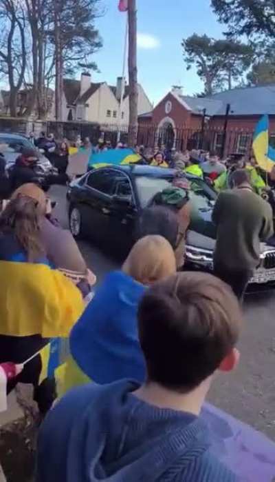 Russian ambassador’s vehicle surrounded by angry protesters in Ireland.
