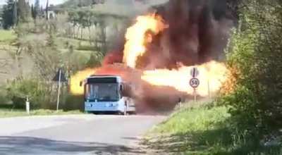 Public transport bus spitting fire
