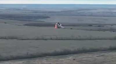 Ukrainian Drone View Of A Russian Tank/BMP Hitting A Mine.