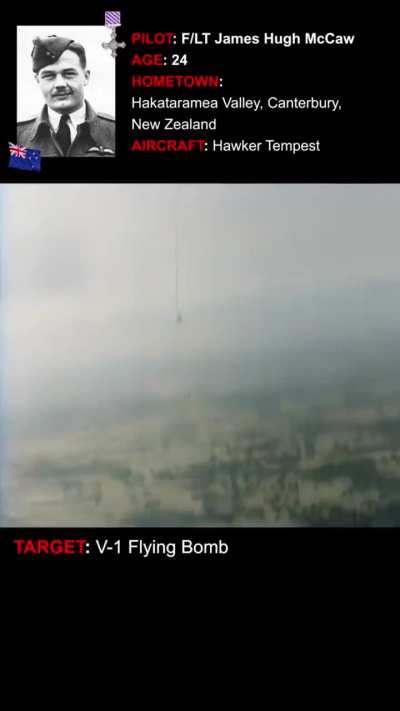 WW2: Hawker Tempest shoots down V1 flying bomb resulting in a huge explosion. 1943