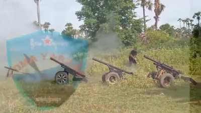 Anti Junta forces firing towed homemade artilleries at military positions in Sagaing, Myanmar