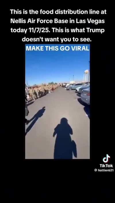 This is the food distribution line at Nellis Air Force base in LasVegas! Look at the lines of Military families having to stand in line to receive food because they aren’t getting paid because of the Republican shutdown because they’re afraid for the rele