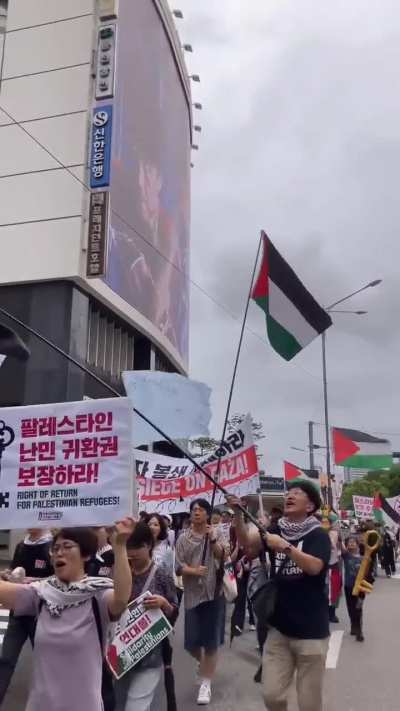 Hundreds march in Seoul, south Korea, denouncing the Israeli occupation ongoing violations of the announced ceasefire.