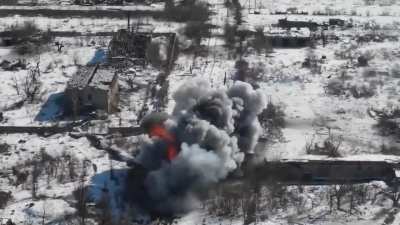 A Ukrainian anti-tank mine at work