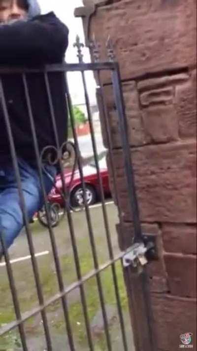 Crackhead tries to climb into someone’s property, gets stuck and begs for help