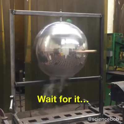 Hero’s engines are usually powered by steam. This version uses liquid nitrogen to create pressure as it quickly vaporizes and powers opposing jets on the side