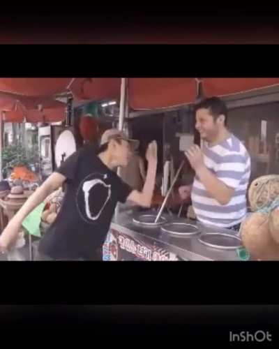 Turkish ice cream man gets a taste of his own medicine