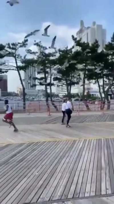 Man running from Seagulfs wanting his food