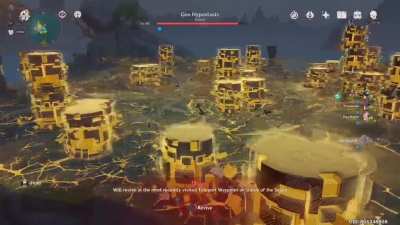 Rex lapis is angry, almost like world end boss battle, haha, i encountered a coop bug last night, geo cube didn't take any dmg, we don't know what to do, it keeps stacking the geo statue, those shockwaves produced from each statue tho, a one hit kill inde