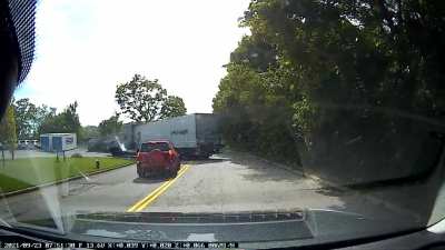 “Hm. Let me drive on the wrong side of the road to go around this UPS tractor trailer that has their left turn signal on,” the old lady in the Toyota RAV4 thought.