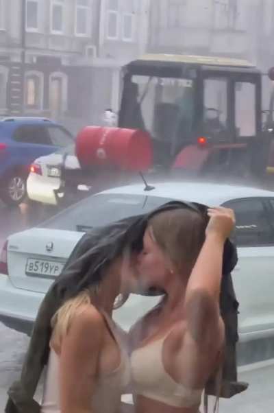 In the pouring rain