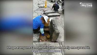In People's Republic of China, women collecting gutter oil to use in their restaurant