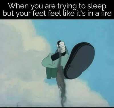 Meme made with burning feet while on bed