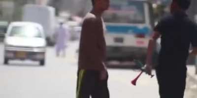 Instant regret after honking an air horn near a guy's ears