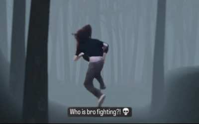 Vengarl watching the bearer of the curse fighting the invisible creatures in the shaded woods
