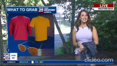 Shiri Spear Boston Fox 25 weather deck segments(with her old high school jean jacke<wbr>t(jok<wbr>ing))<wbr>and 10 a.m. weather walk 6/10/2024