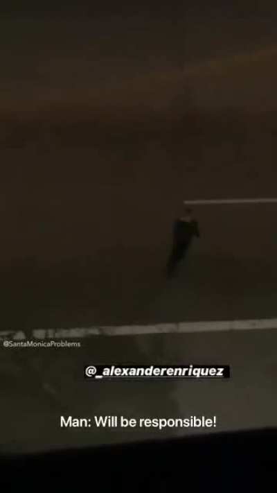 Idiot threatens people at night in the middle of the road. Meets idiot in car. (Minor injuries)