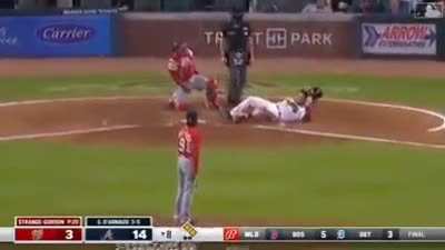 Braves catcher Travis d'Arnaud goes down after getting hit by a 55 MPH pitch.