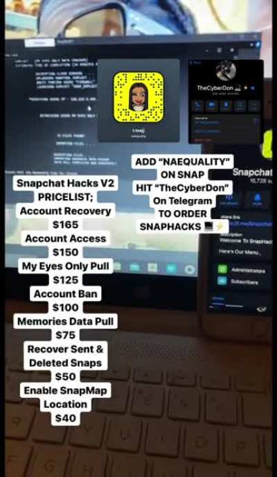 contact -naequality on snap if you need to order account hacks like getting access to your account, recovering your deleted/banned account, getting access to anyones memories AND my eyes only media, recovering sent & deleted snaps, snapmap locations &