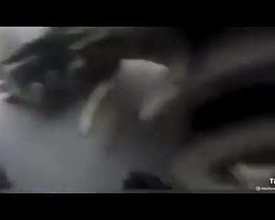 Squeezing between 2 heavy trucks