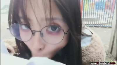 Amateur Japanese Girl With Glasses Deepthroating A Cock In A Park