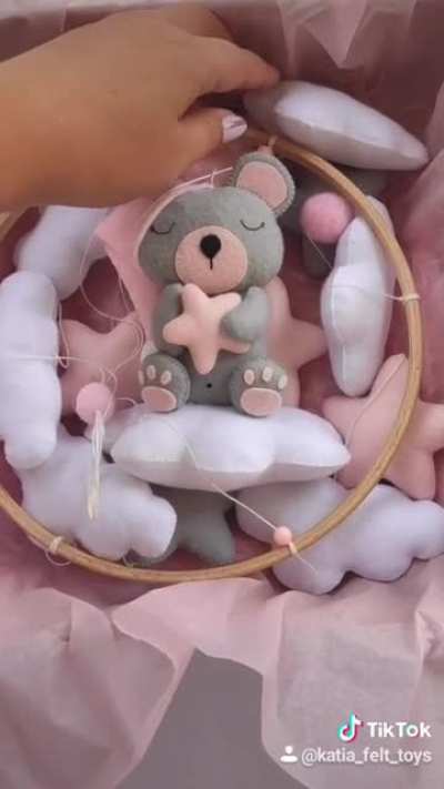 Baby crib mobile for girls - handmade felt gray bear in a pink hat. Preparing for long journey from Europe to USA :)