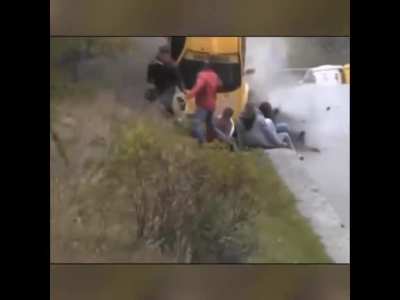 Idiot in car meets the kerb