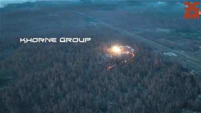 Khorne Group dropping thermite from drones to set Russian positions on fire in a forested area. Published on September 5, 2024. (Location not mentioned)