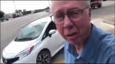 Old guy parks like an asshole, then owns the cameraman