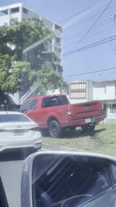 There’s major traffic so she tried to go to the other side. Her truck couldn’t make it up and kept slipping on the grass. Gave up and ended up one car ahead…still stuck in traffic.