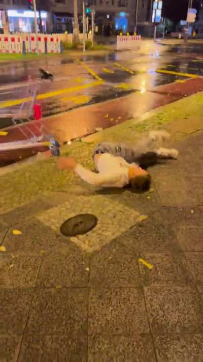 Dude tries to jump the curb.