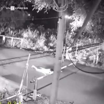 The drunken man was saved just seconds before the train passed